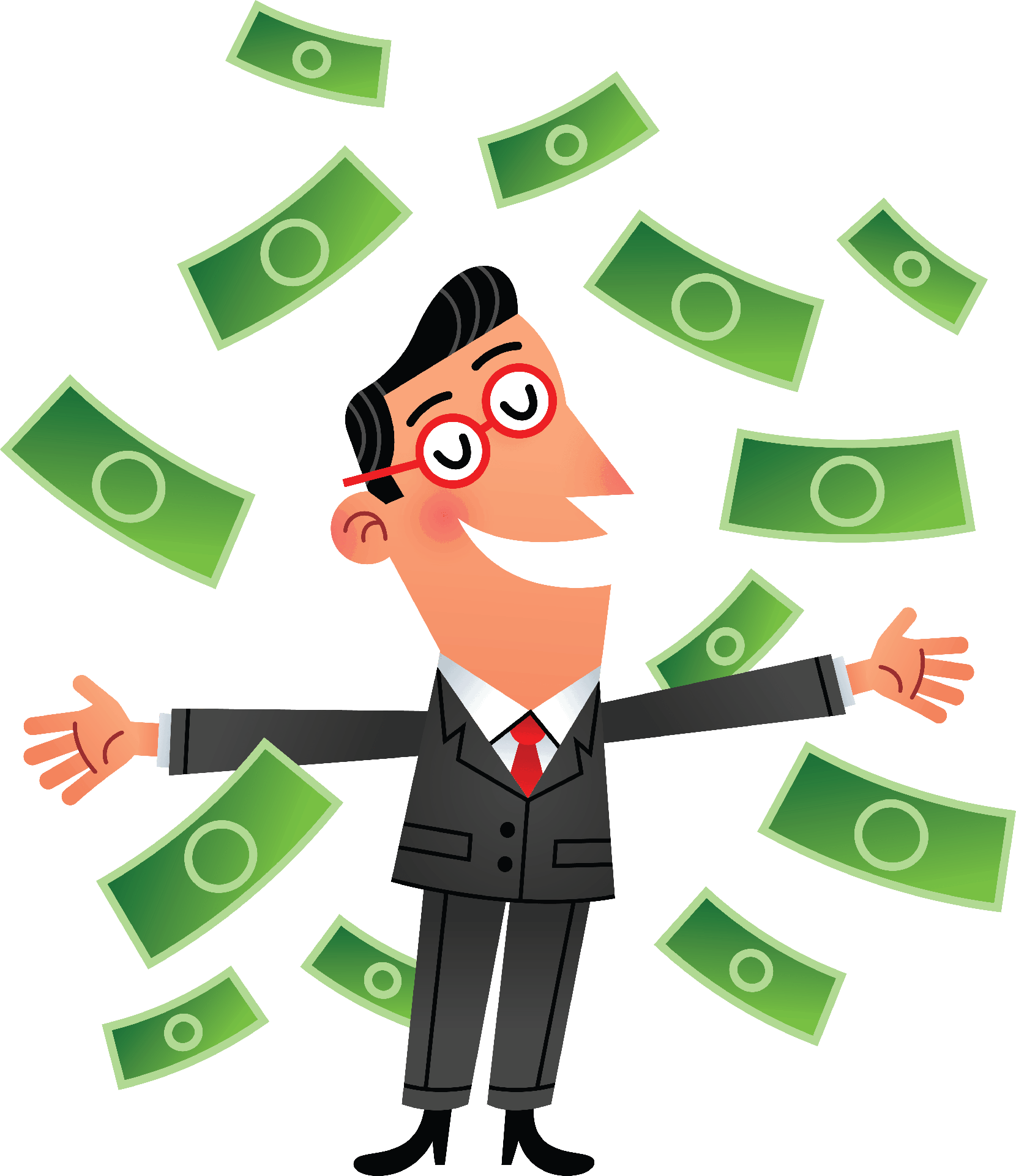 Clip art of man in suit with money all around him