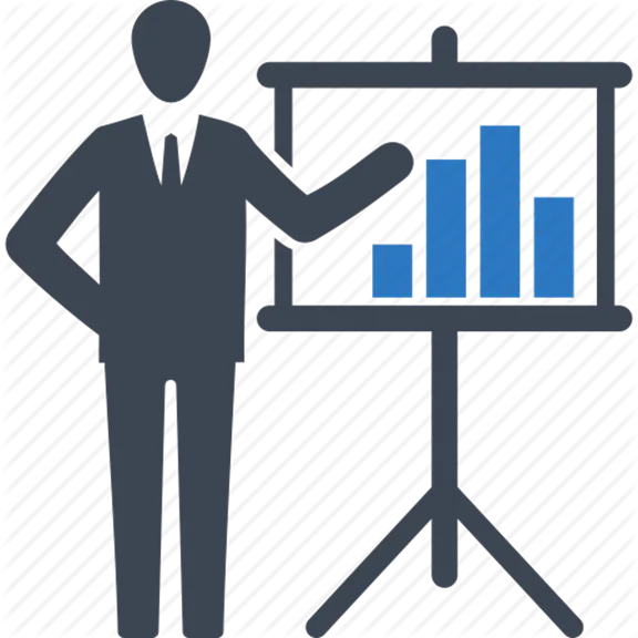 clip art image of man on suit demonstrating a bar chart