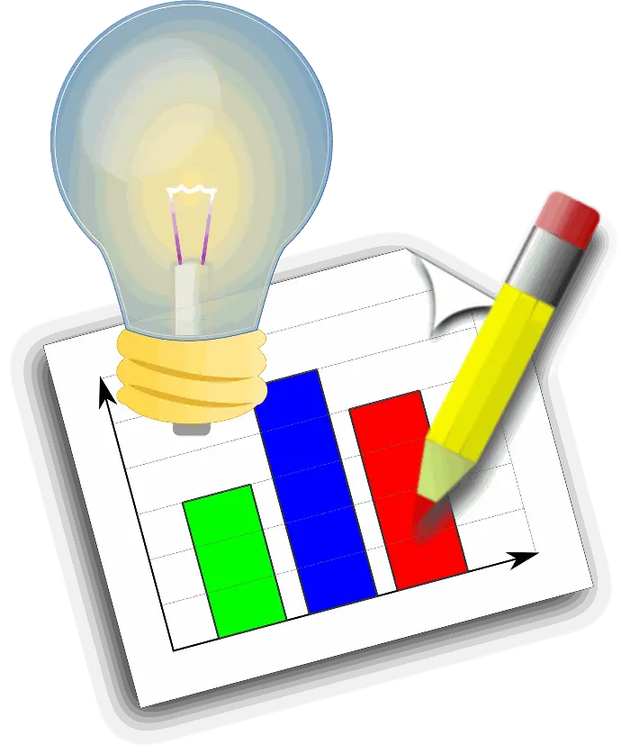 Light bulb, pencil, and bar chart